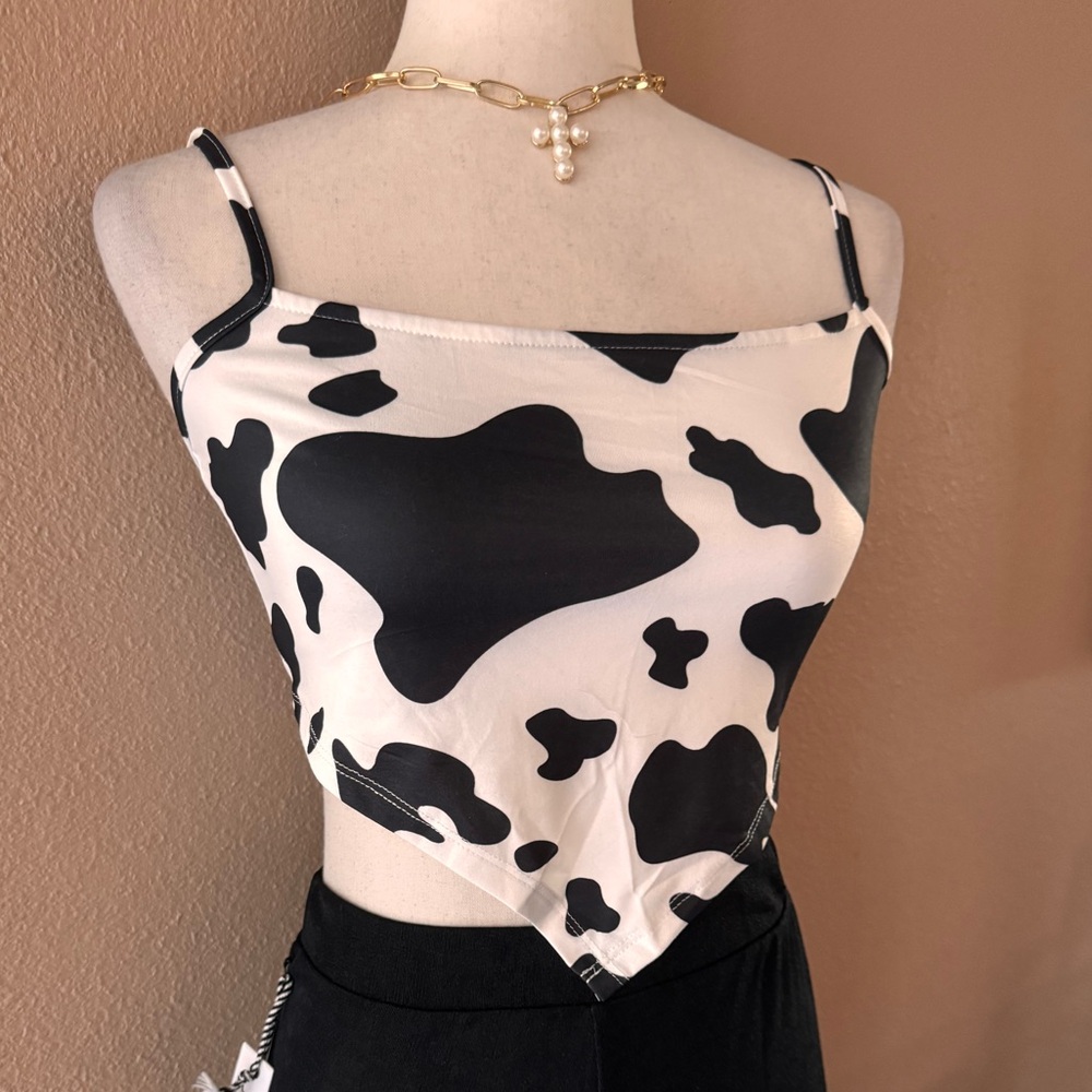 Stylish Black and White Cow Print Women's Top NWT